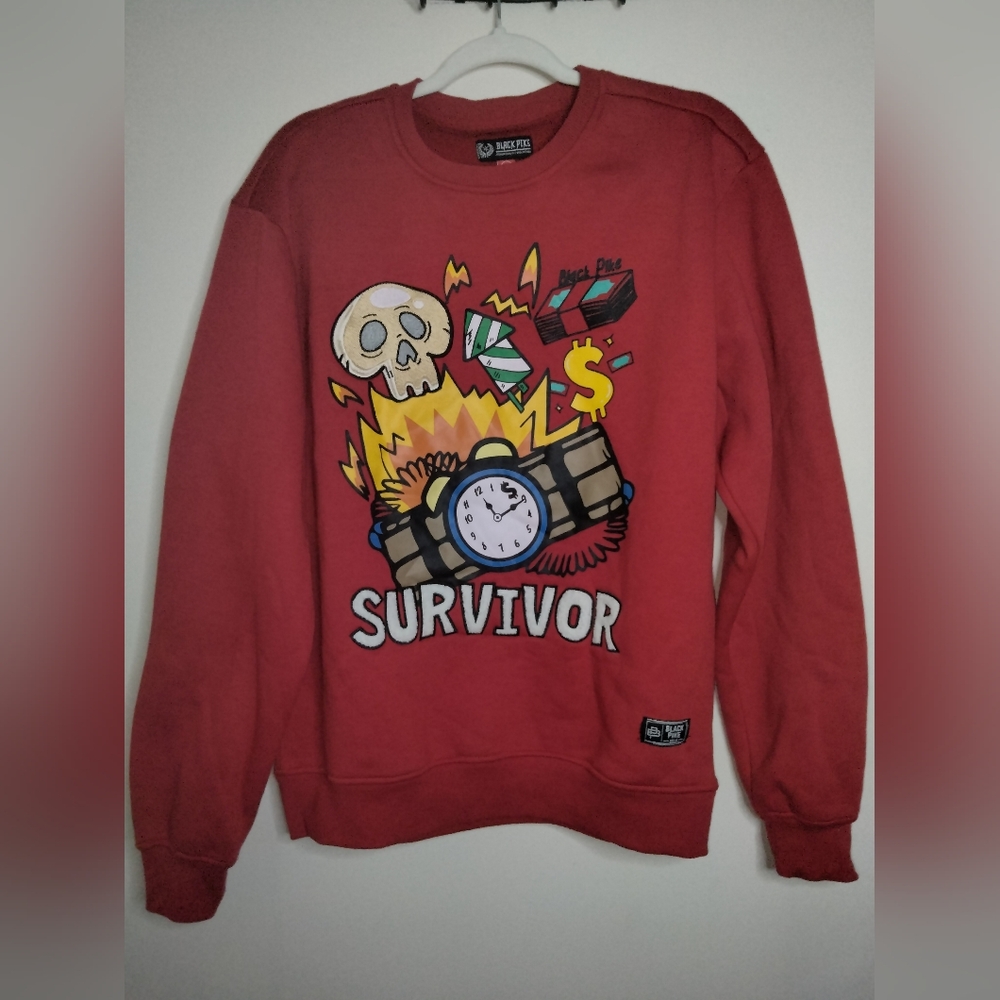 Black Pike (Size L) Men's Red Sherpa Graphic Print Long Sleeves Crewneck Sweater
